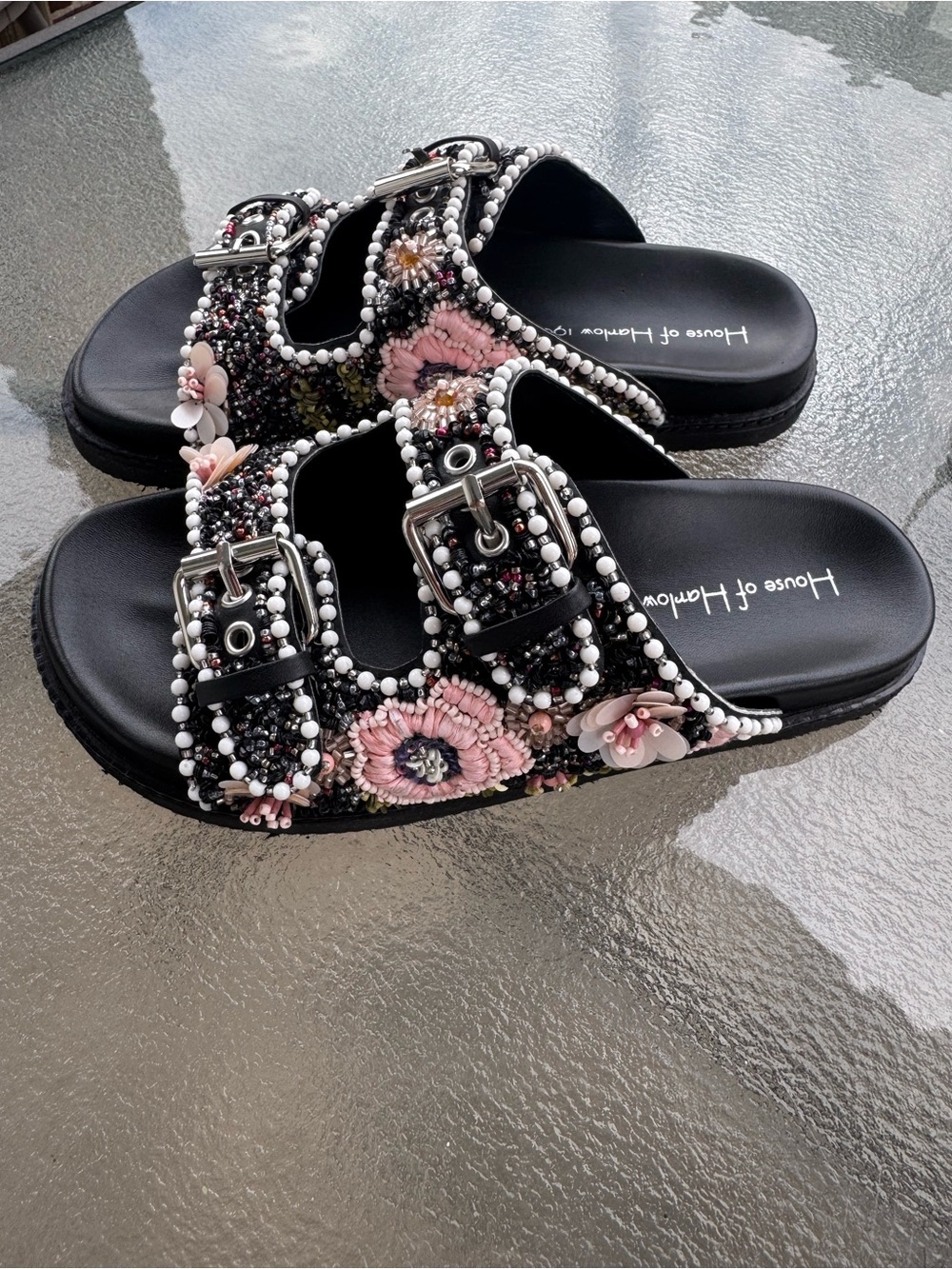 Beaded Black Floral Slide Sandals with Pink Accents Sz 6 - Picture 2 of 6